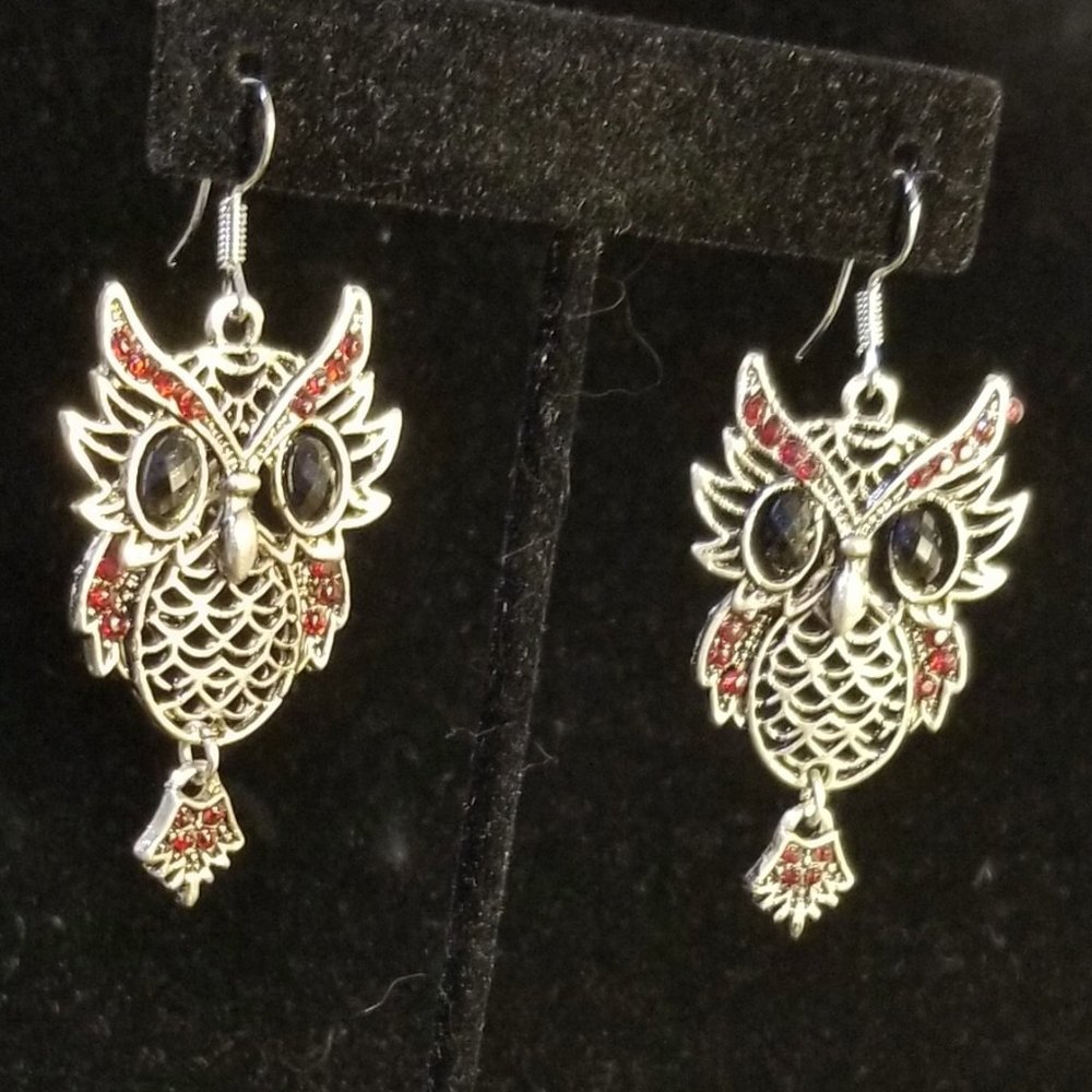 4/$15 👓 Sale  Owl Earrings with Chrimson Sparkles